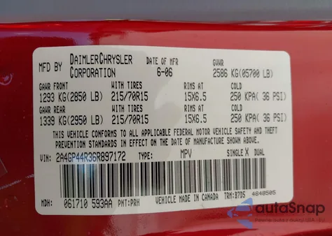 2006 Chrysler Town & Country Lx z USA, uszkodzony, nr VIN 2A4GP44R36R897172